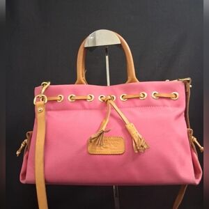 Dooney Bourke Pink Canvas Coat Leather W/ Tassel And Detachable Shoulder Strap